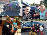 collage of pictures of police officers posing with kids throughout the day playing sports and at a local restaurant 
