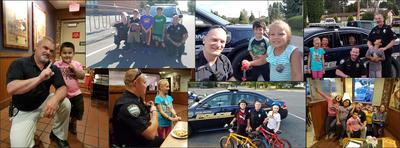collage of pictures of police officers posing with kids throughout the day playing sports and at a local restaurant 